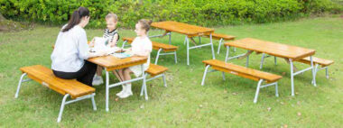 outdoor wooden table and benches